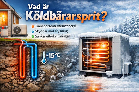 Illustration av bergvärmesystem där köldbärarsprit cirkulerar i markslangar, tar upp värme och överför energin till en värmepump som skyddar mot frysning och sänker elförbrukningen.