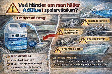 Konsekvenser av att hälla AdBlue i spolarvätskan – kristaller, igensatta munstycken och skadad pump.
