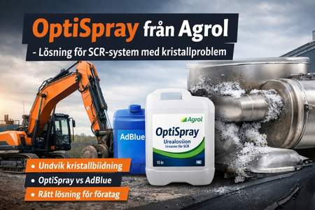 OptiSpray från Agrol för SCR-system – alternativ till AdBlue som minskar kristallisering i lastbil och entreprenadmaskin.