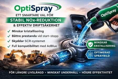 OptiSpray i SCR-tank och budskap om minskad kristallisering och stabil NOx-reduktion.