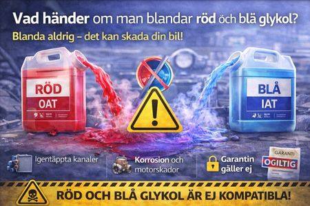 Röd och blå glykol som inte bör blandas i bilens kylsystem.