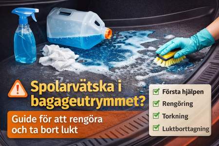 Spolarvätska som har läckt i bilens bagageutrymme och rengörs med borste och trasa.