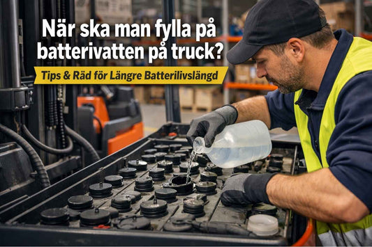 Tekniker fyller på avjoniserat vatten i ett truckbatteri i lager­miljö för att förlänga batteriets livslängd.