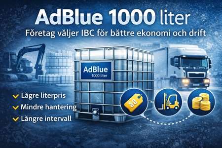 AdBlue 1000 liter IBC för företag med lastbil och entreprenad som visar fördelar som lägre kostnad och effektiv drift