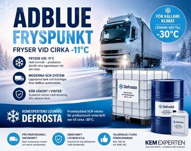 AdBlue fryser vid cirka -11°C. Kemexperten erbjuder Defrosta – en frostskyddad SCR-vätska för professionell vinterdrift ner till cirka -30°C.