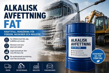 Alkalisk avfettning i 210 liters fat för professionell rengöring av lastbilar, entreprenadmaskiner och industriella ytor.