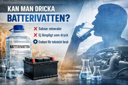 batterivatten, bilbatteri och varningssymbol med texten ”Kan man dricka batterivatten?