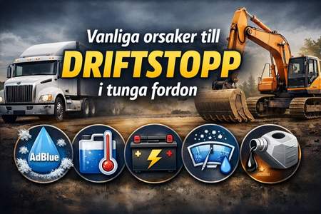 Illustration av vanliga orsaker till driftstopp i tunga fordon, inklusive AdBlue-problem, låg temperatur, batterifel och SCR-relaterade felkoder.