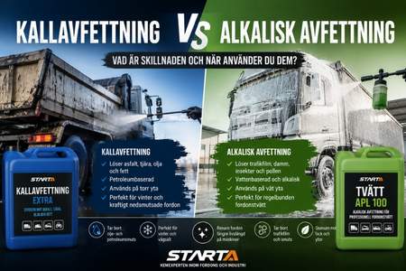 Kallavfettning och alkalisk avfettning vid professionell tvätt av lastbil och entreprenadmaskin.