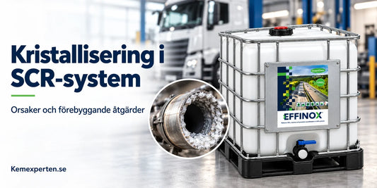 Banner om kristallisering i SCR-system med EFFINOX IBC och illustrerade avlagringar i ett avgasrör.