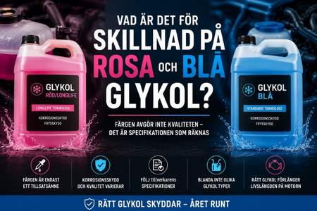 Rosa och blå glykol för fordon och entreprenadmaskiner med fokus på skillnader och användningsområden.