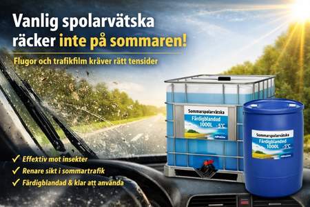 Sommarspolarvätska färdigblandad 1000L och 210L som löser insekter, trafikfilm och smuts på vindruta under sommarkörning