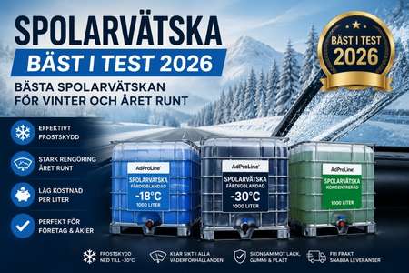 Spolarvätska bäst i test 2026 med AdProLine® färdigblandad spolarvätska -18°C, -30°C och koncentrerad spolarvätska i 1000 liters IBC.
