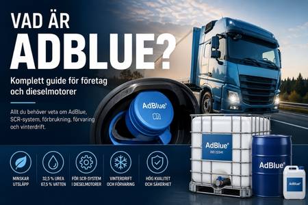 Vad är AdBlue? Illustration med lastbil, AdBlue-tank och IBC-behållare som visar hur AdBlue används i SCR-system för moderna dieselmotorer för att minska NOx-utsläpp.