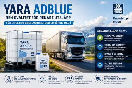 Yara AdBlue i IBC-behållare tillsammans med lastbil. SCR-vätska för dieselmotorer som minskar NOx-utsläpp och uppfyller moderna miljökrav.